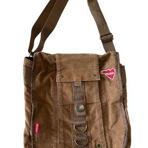 Y2K Miss Soft Canvas Brown Messenger Bad Crossbody Embroidered Heart Logo